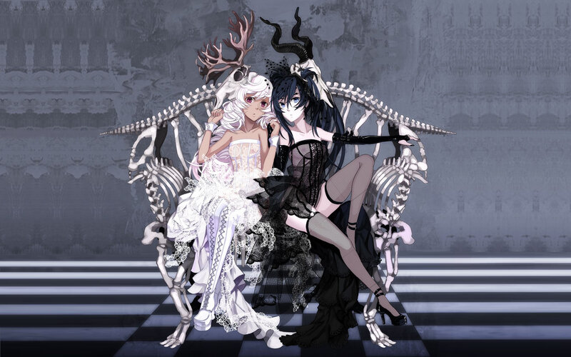 Two girls on a skeleton throne