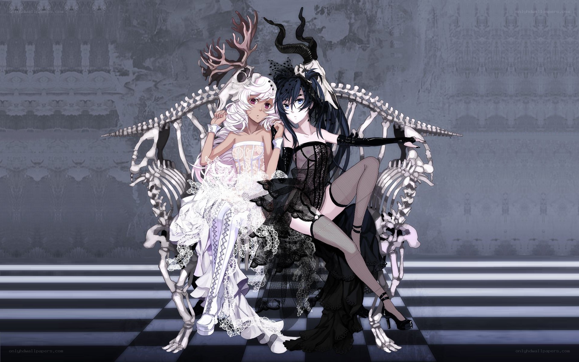 Two girls on a skeleton throne