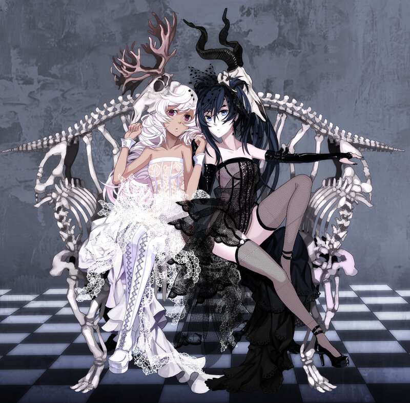 Two girls on a skeleton throne
