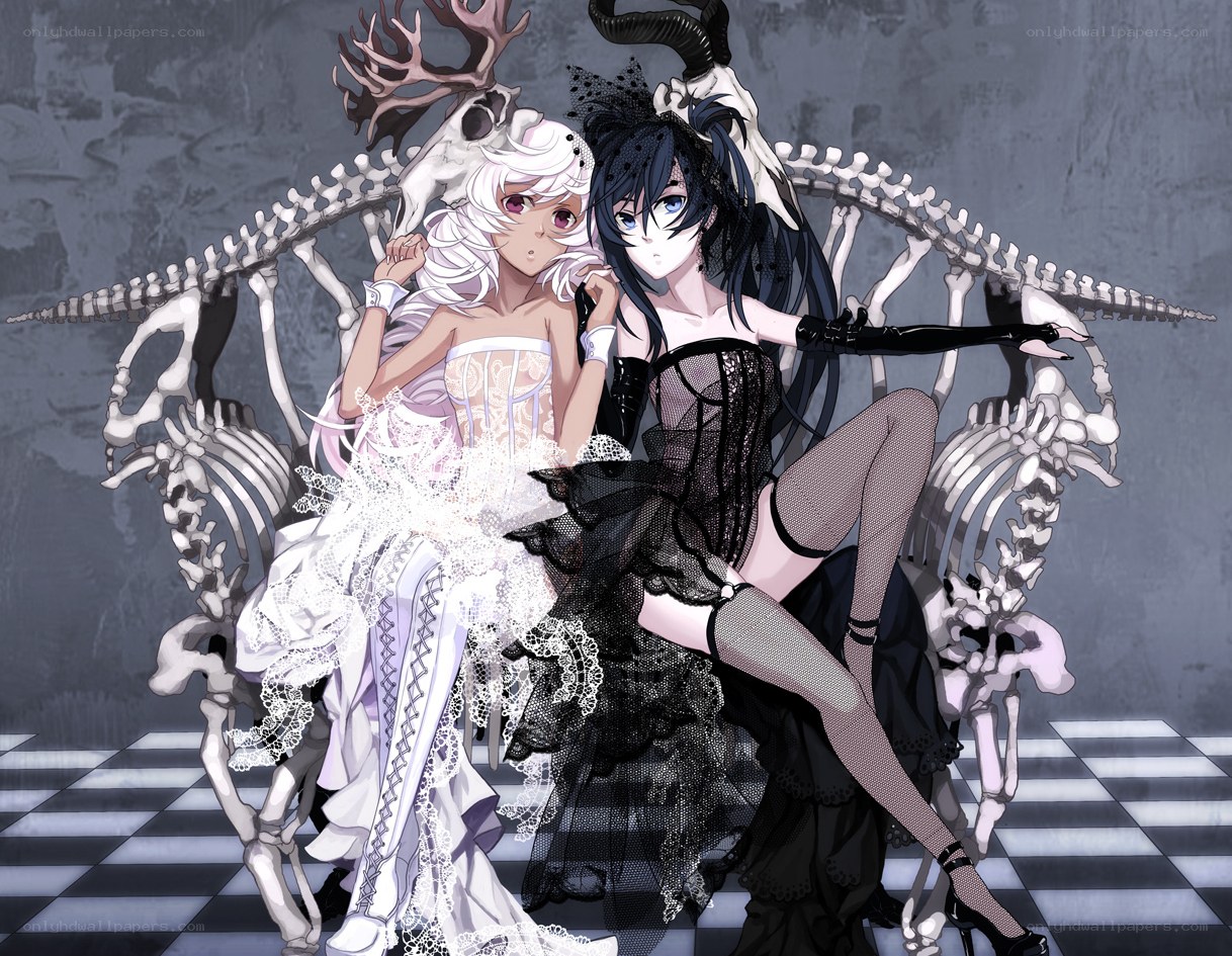 Two girls on a skeleton throne