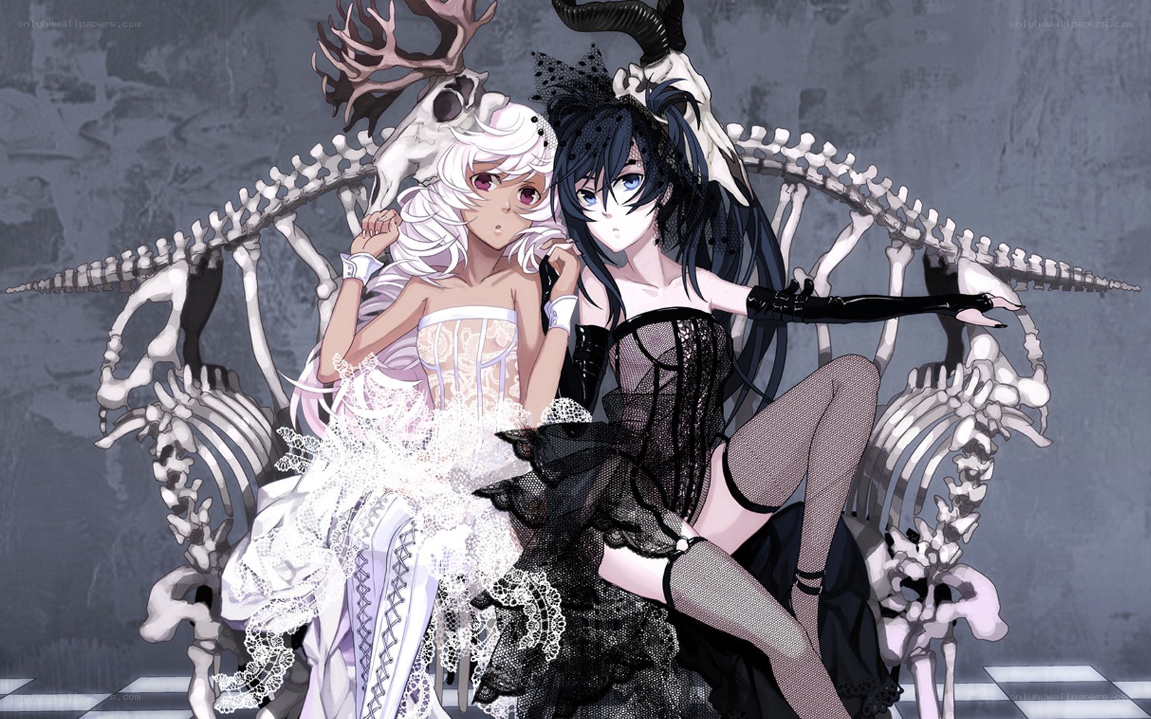 Two girls on a skeleton throne
