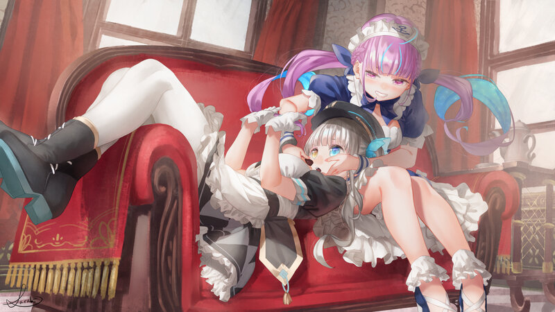 Two Girls on a Sofa — Red, Playful