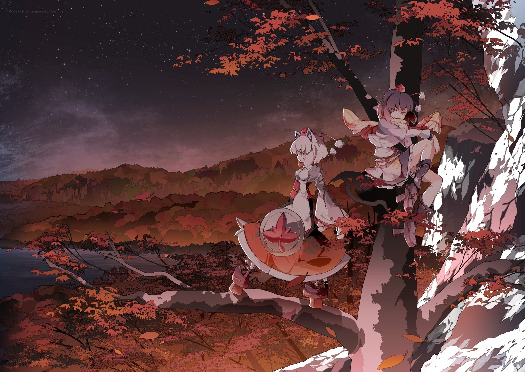 Two girls on a tree at night
