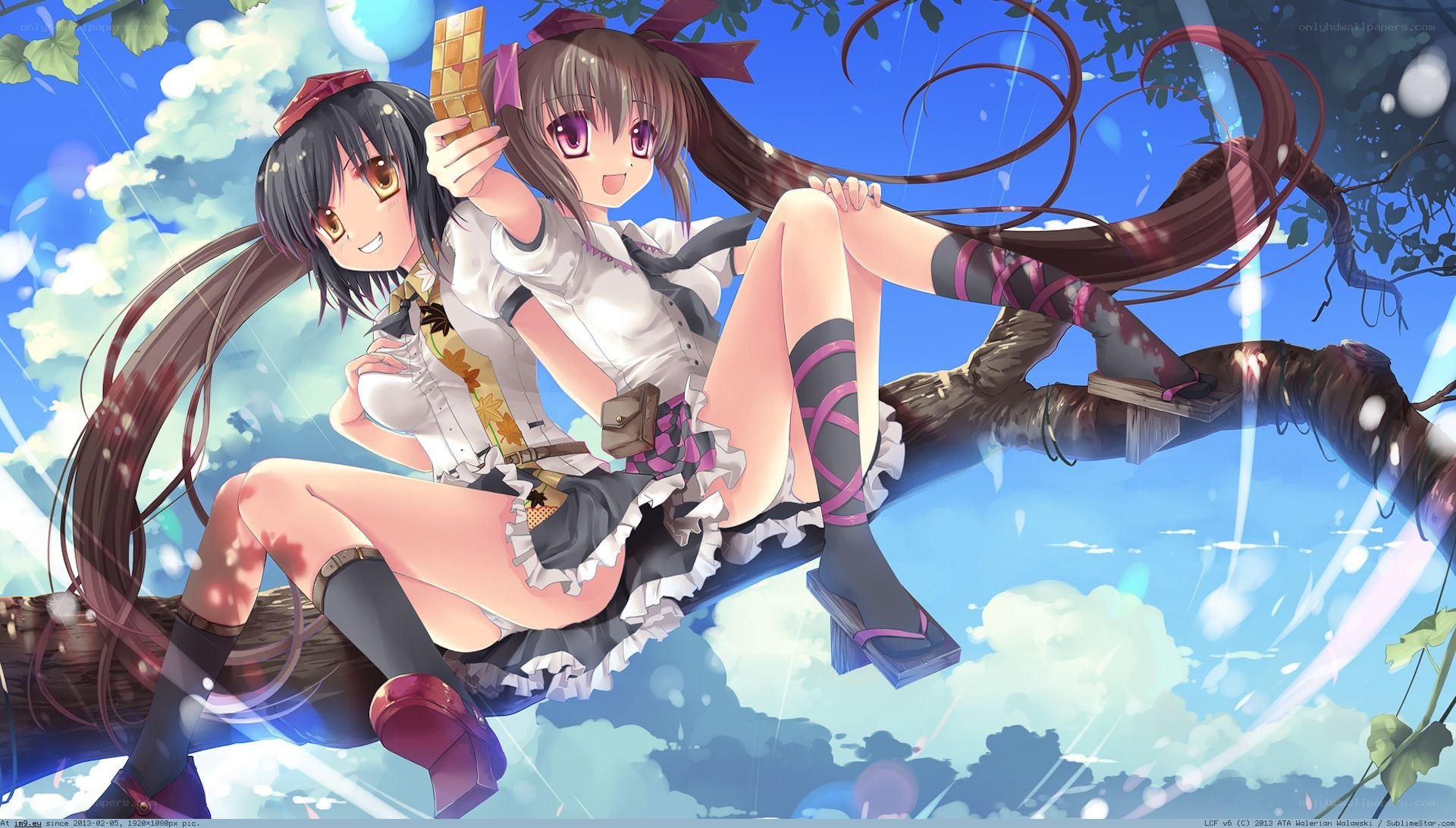 Two girls on a tree branch