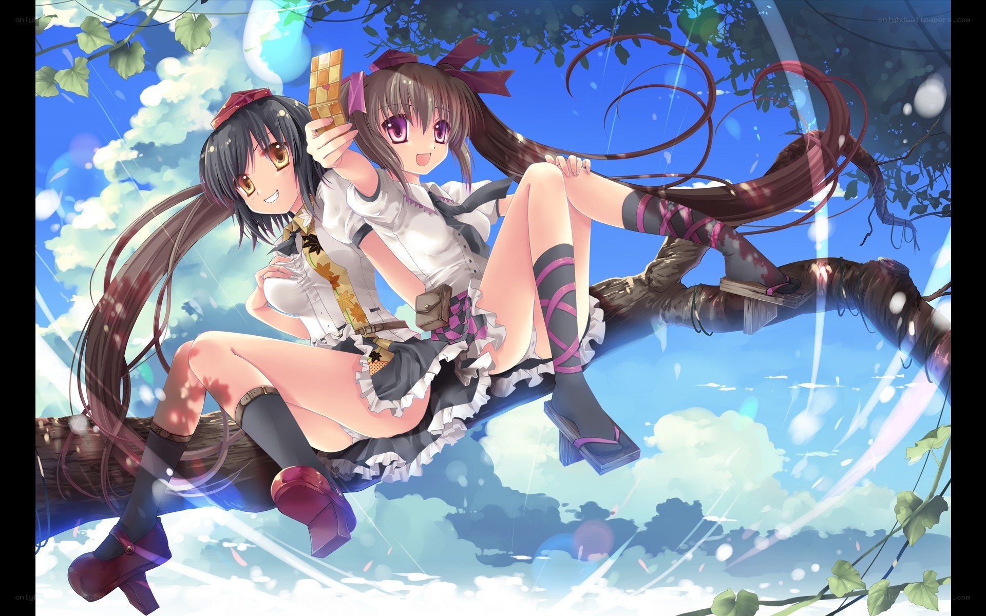 Two girls on a tree branch