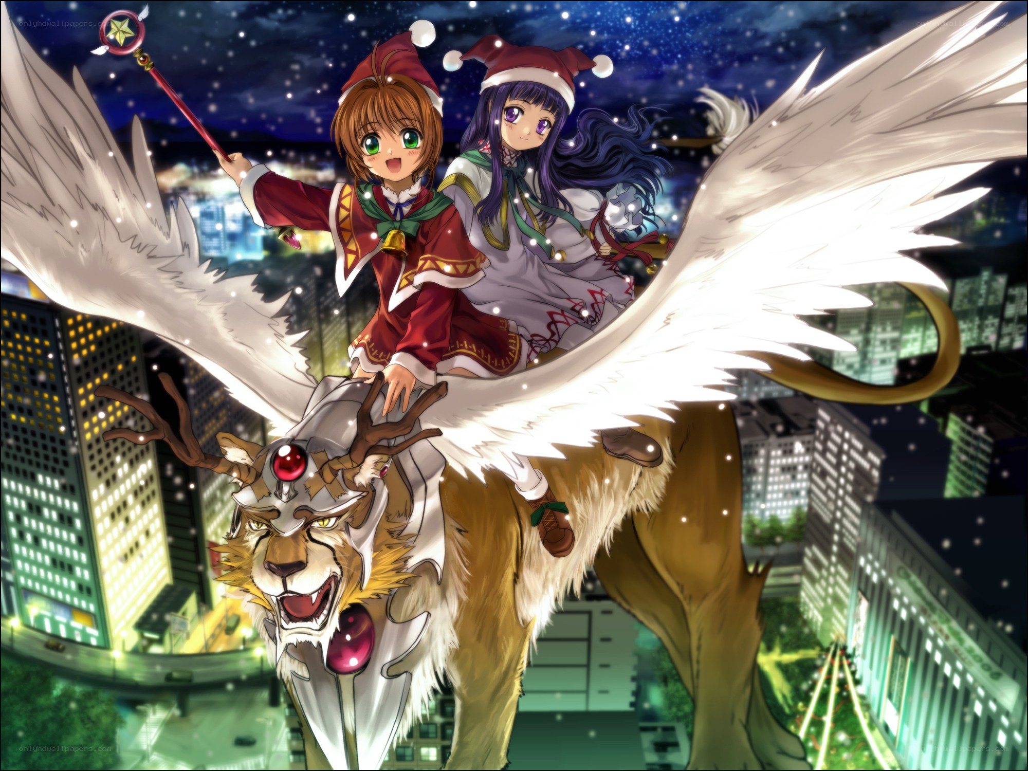 Two girls on a winged creature