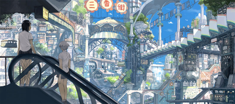 Two girls on an escalator in a futuristic city