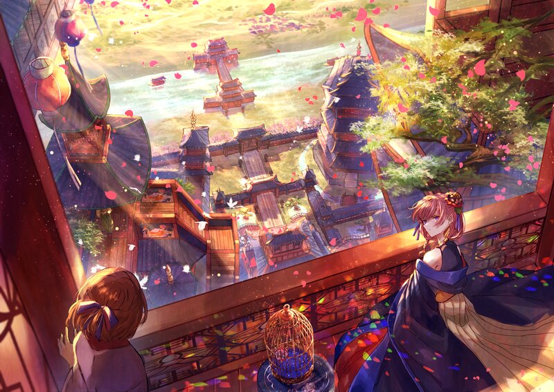Two Girls on Balcony — Blue, Serene, Spring