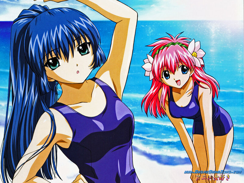 Two Girls on Beach — Blue, Playful, Afternoon, Anime, Swimsuits