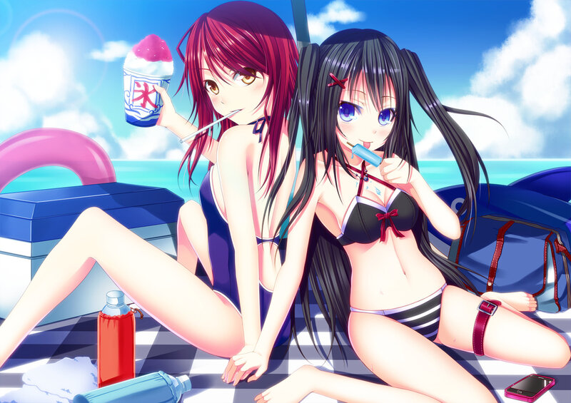 Two Girls on Beach — Blue, Relaxed, Afternoon, Anime, Swimsuits