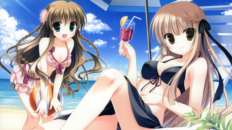 Two Girls on Beach — Blue, Relaxed, Afternoon, Anime, Umbrella