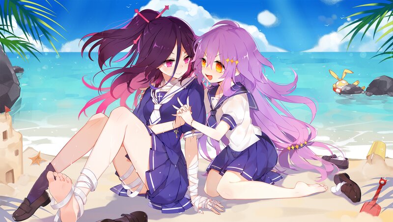 Two Girls on Beach — Blue, Serene, Afternoon, Anime, Sailor Uniforms