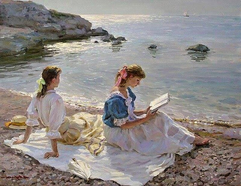 Two Girls on Beach — Blue, Serene, Afternoon, Painting, Ocean