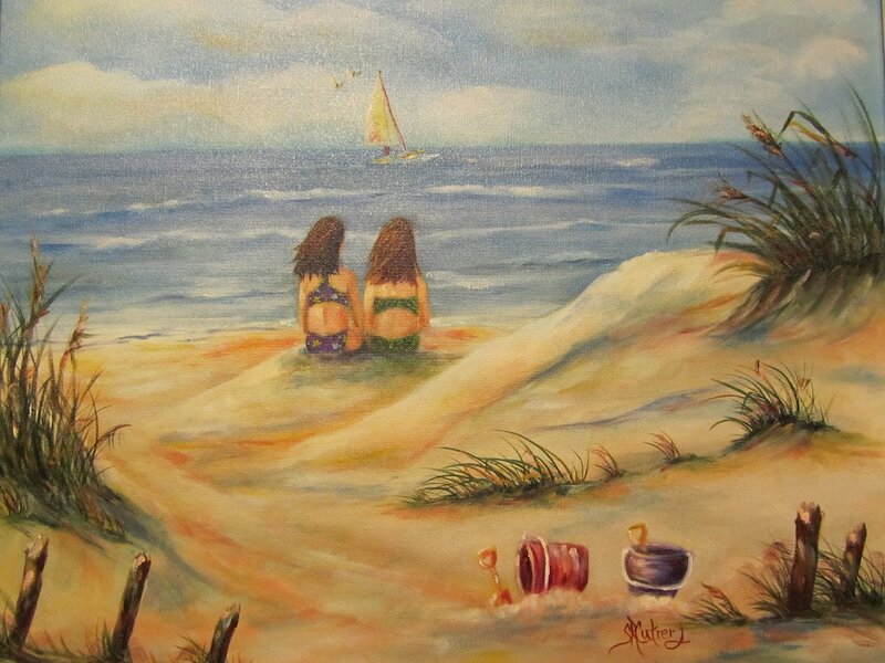 Two Girls on Beach — Blue, Serene, Afternoon, Painting, Sailboat