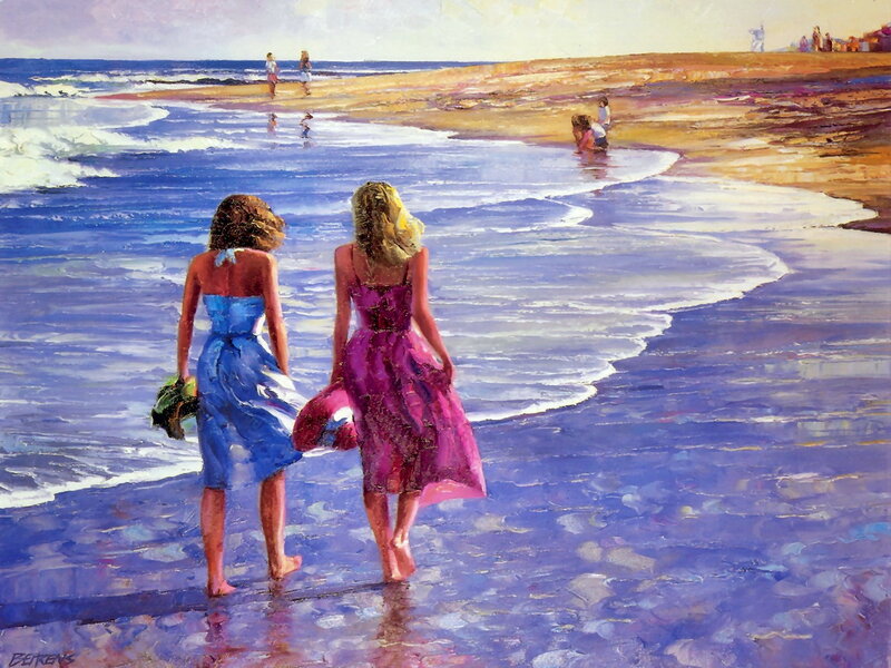Two Girls on Beach — Blue, Serene, Afternoon