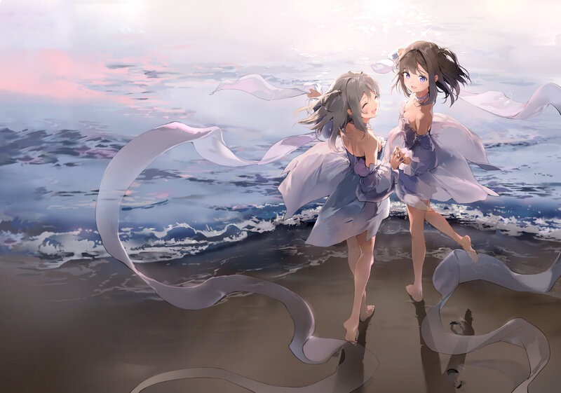 Two Girls on Beach — Blue, Serene, Sunset