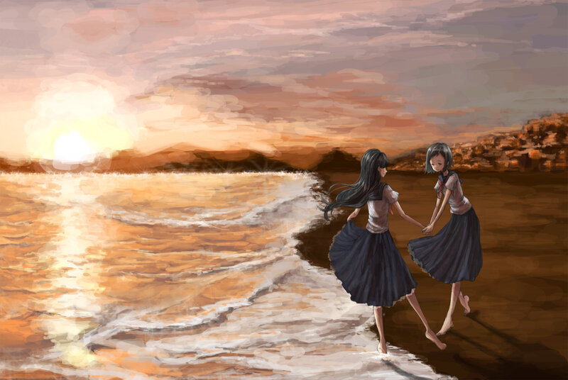 Two Girls on Beach — Orange, Serene, Sunset, Digital Art