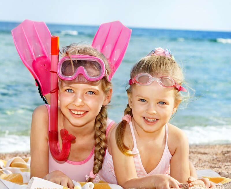 Two Girls on Beach — Pink, Happy