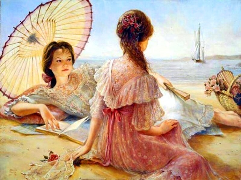Two Girls on Beach — Pink, Serene