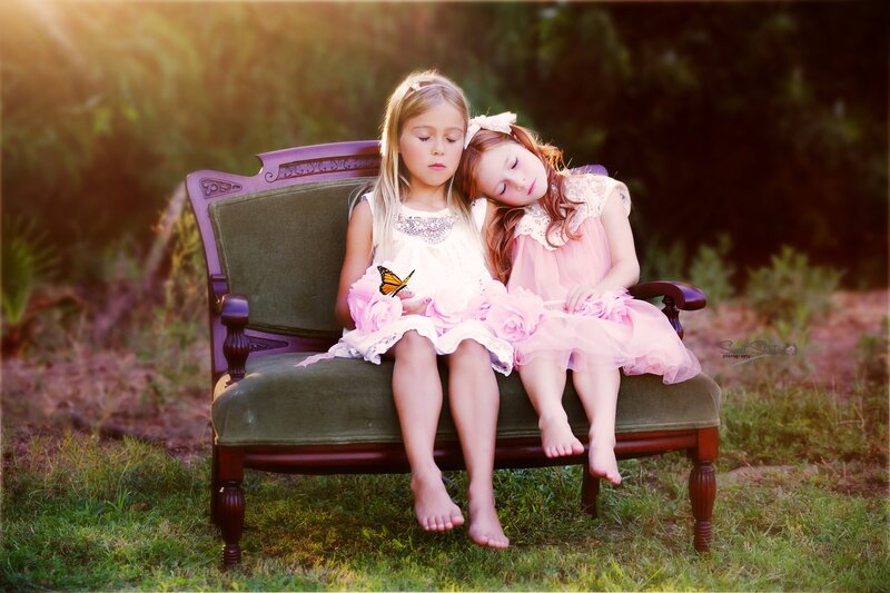 Two Girls on Bench — Green, Serene, Sunset