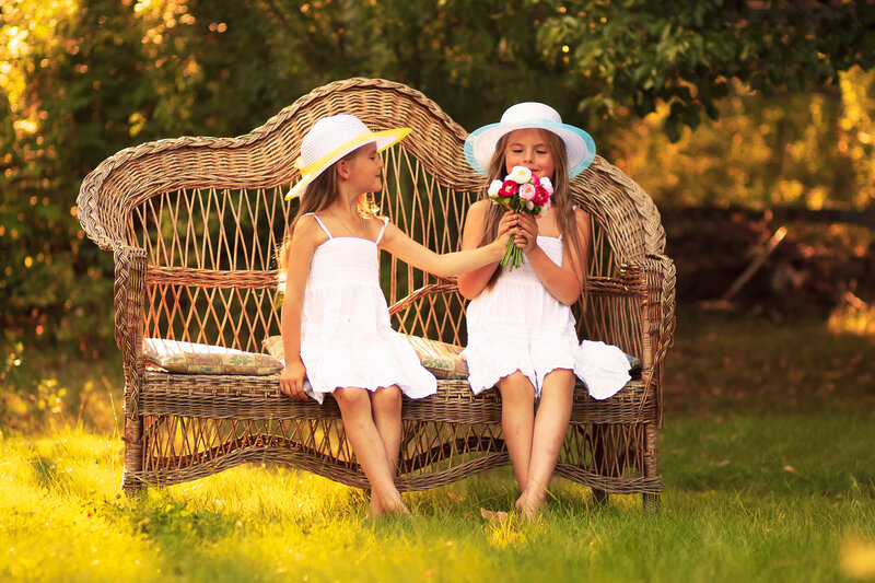 Two Girls on Bench — Green, Serene
