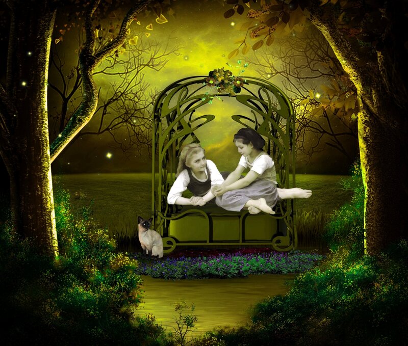Two Girls on Bench — Green