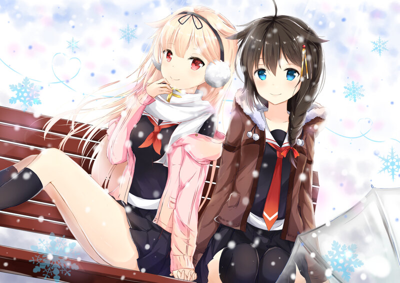 Two Girls on Bench — White, Calm