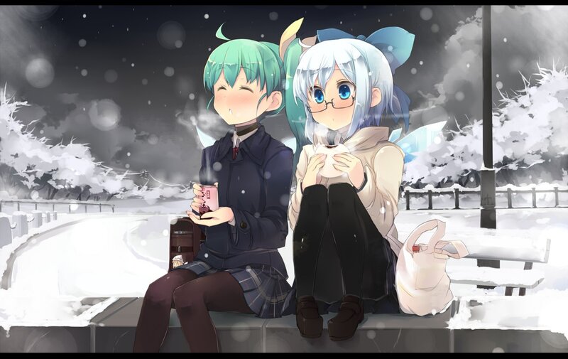 Two Girls on Bench — White, Calm, Winter