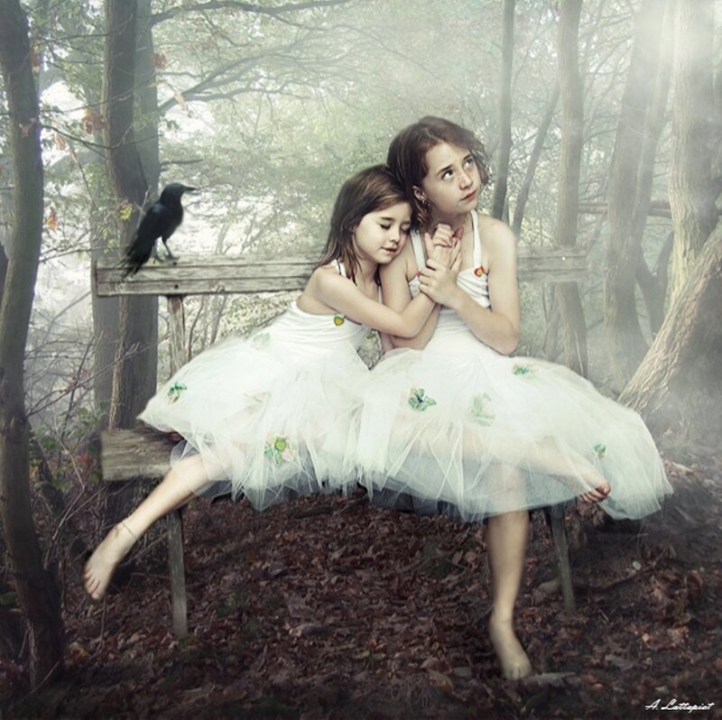 Two Girls on Bench — White, Mysterious