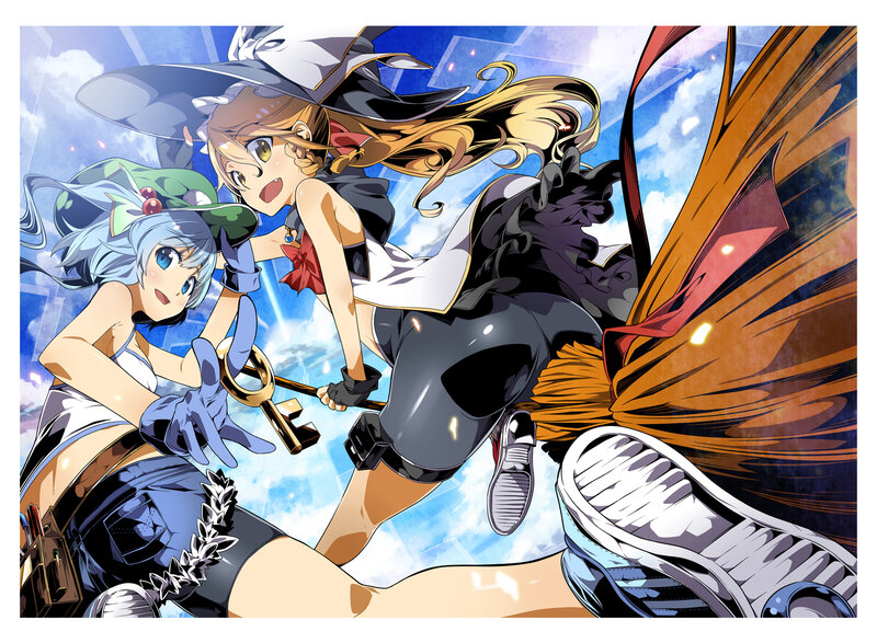 Two Girls on Broomsticks — Blue