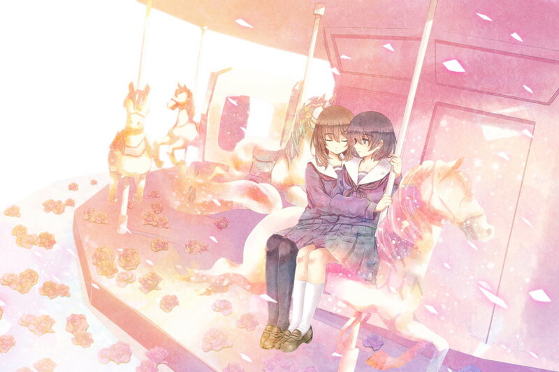 Two Girls on Carousel — Pink, Dreamy