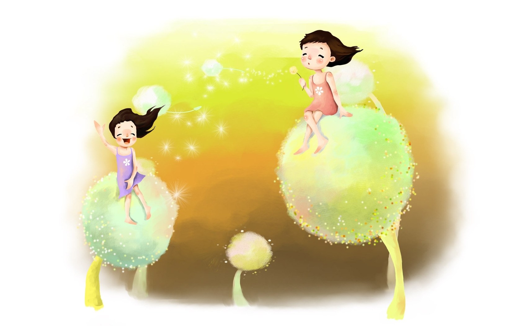 Two girls on dandelion clouds