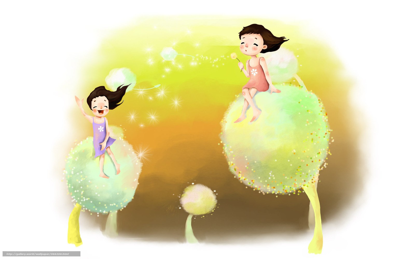 Two girls on dandelion seeds