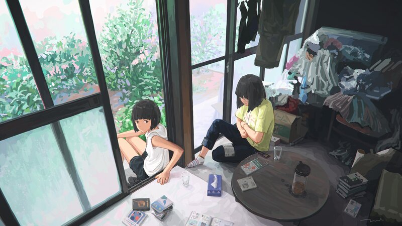 Two Girls on Floor — Green, Calm