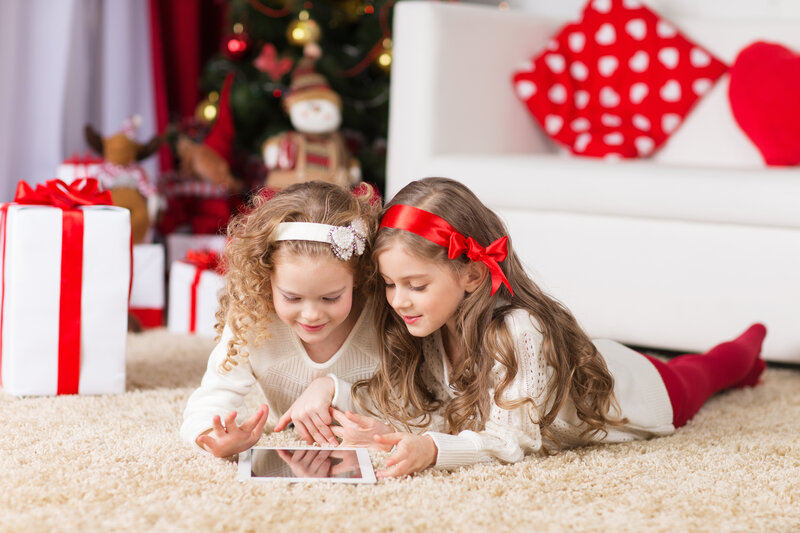 Two Girls on Floor — White, Festive