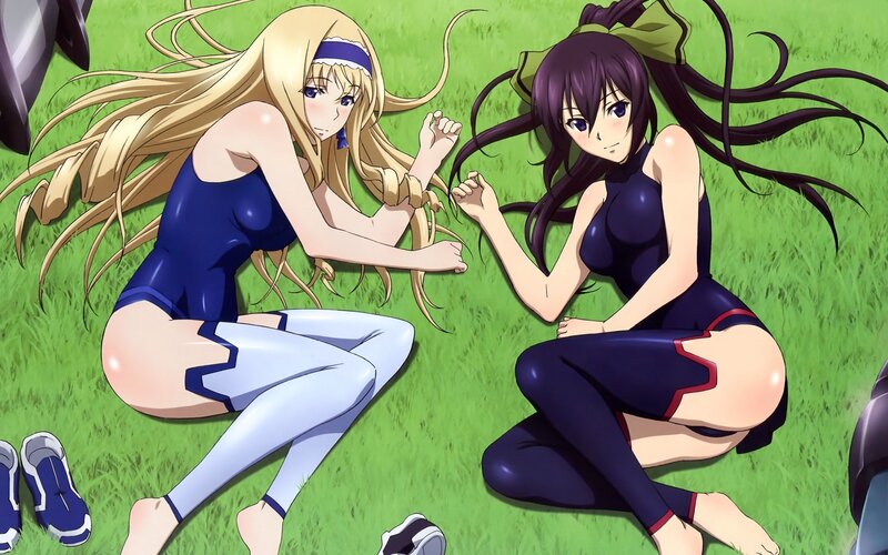 Two Girls on Grass — Green, Calm, Afternoon, Anime, Swimsuits