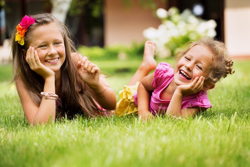 Two Girls on Grass — Green, Happy