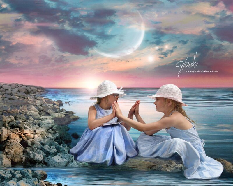 Two Girls on Rocks — Blue