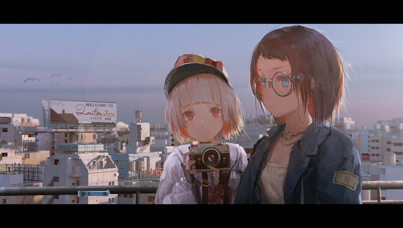 Two Girls on Rooftop — Blue, Calm, Sunset
