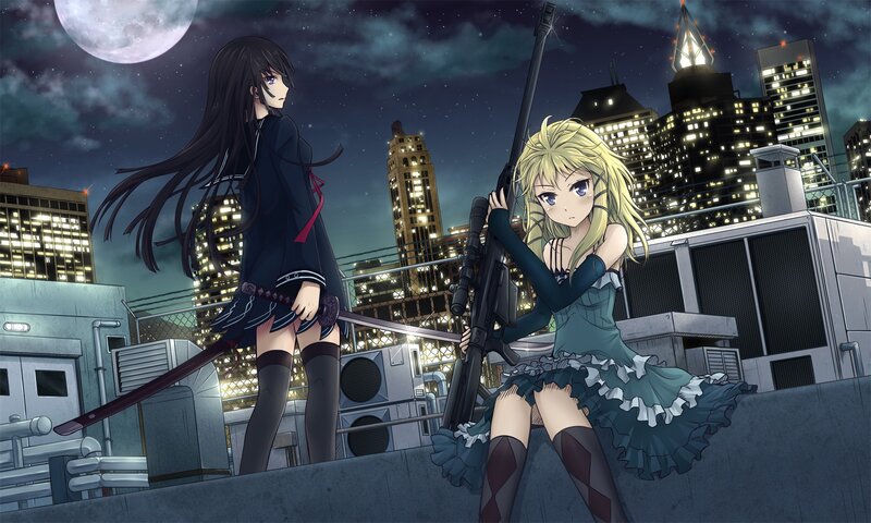 Two Girls on Rooftop — Blue, Dramatic, Night, Anime