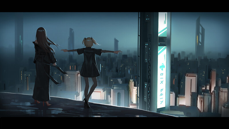 Two Girls on Rooftop — Blue, Dramatic, Night, Digital Art