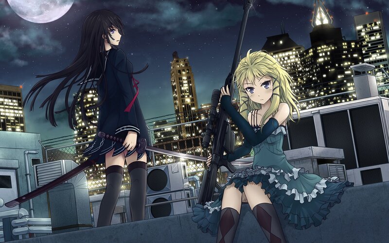 Two Girls on Rooftop — Blue, Dramatic, Night