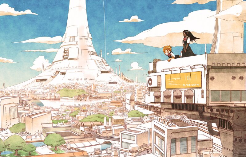 Two Girls on Rooftop — Blue, Serene, Afternoon