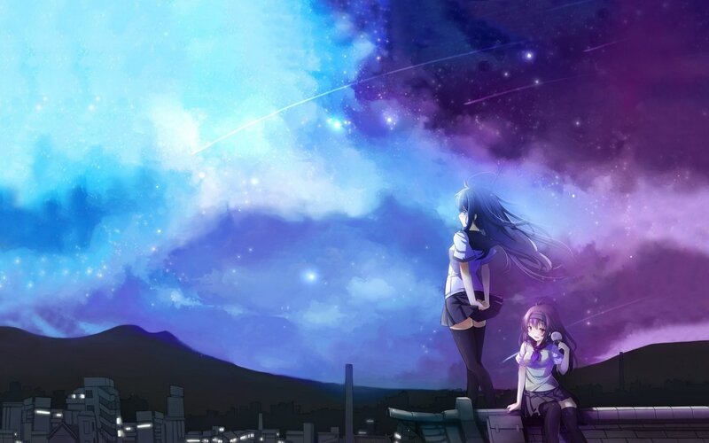 Two Girls on Rooftop — Blue, Serene, Night