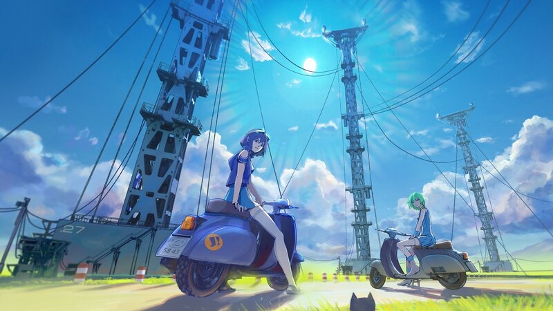Two Girls on Scooters — Blue, Serene, Afternoon, Anime, Towers, Sky