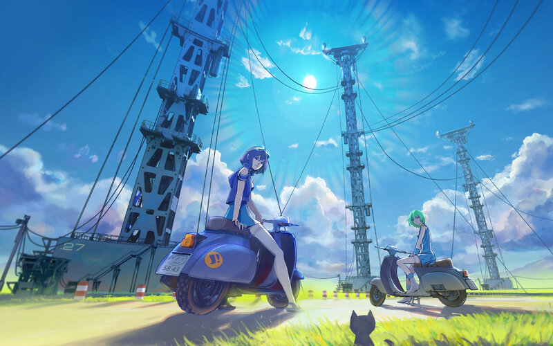 Two Girls on Scooters — Blue, Serene