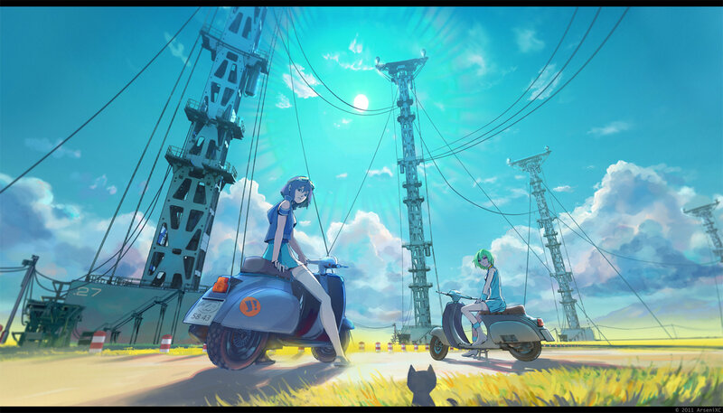 Two Girls on Scooters — Blue