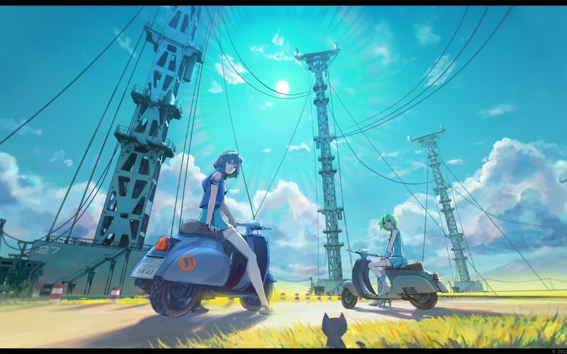 Two girls on scooters under power lines