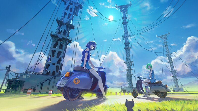 Two girls on scooters under power lines