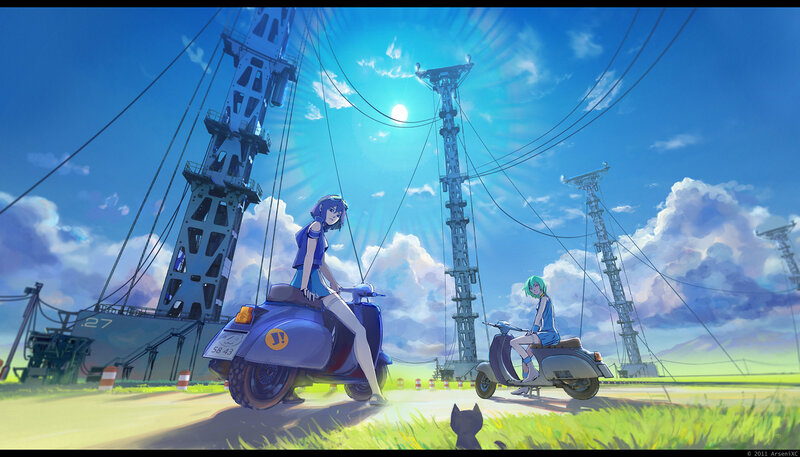 Two girls on scooters under power lines